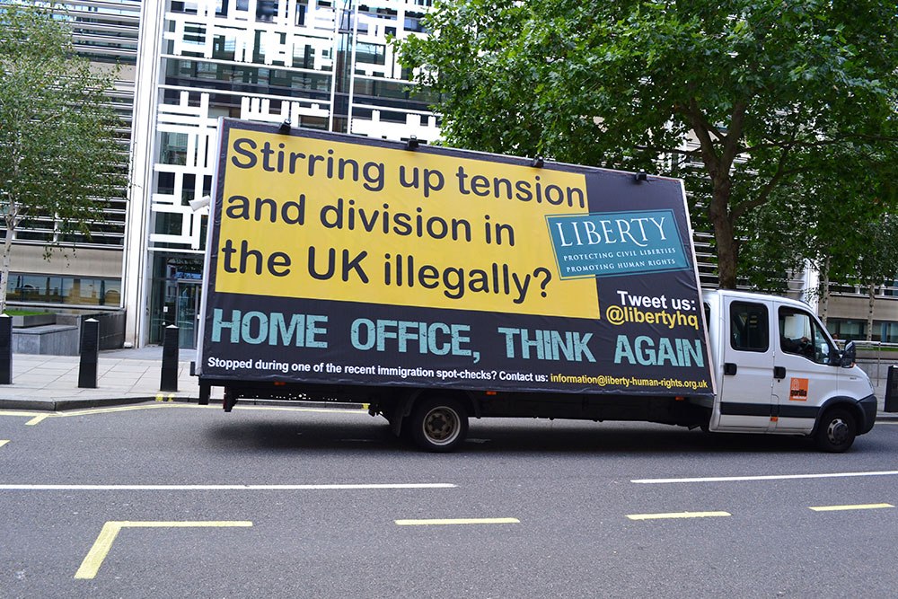 Figure 2: Liberty’s response to the ‘Go Home’ vans. Courtesy of Liberty (www.liberty-human-rights.org.uk/)